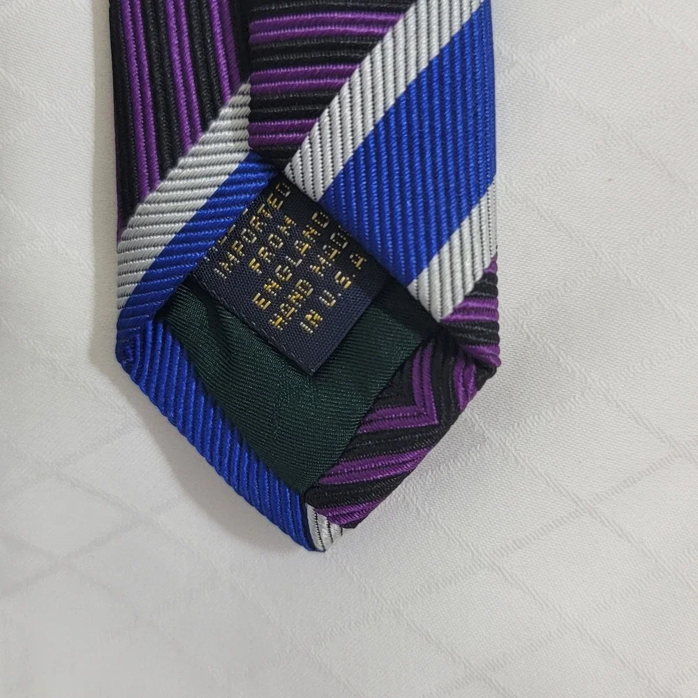 XMI Platinum Silk Tie Purple Blue Chevron Repp Stripe Hand Made USA